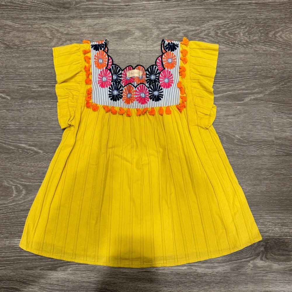 Altar'd State Yellow Embroidered Floral Ruffle Sleeve Tunic Blouse M